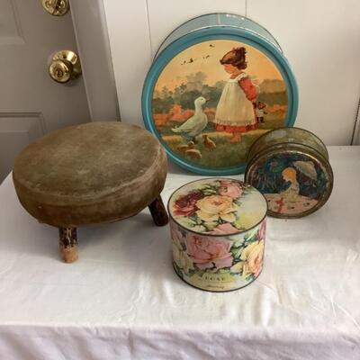 311  Antique Tin Lot & Antique Handmade Stool 