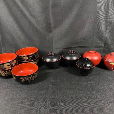 Red & Black Plastic Melamine Asian Style Rice Bowls