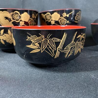 Red & Black Plastic Melamine Asian Style Rice Bowls