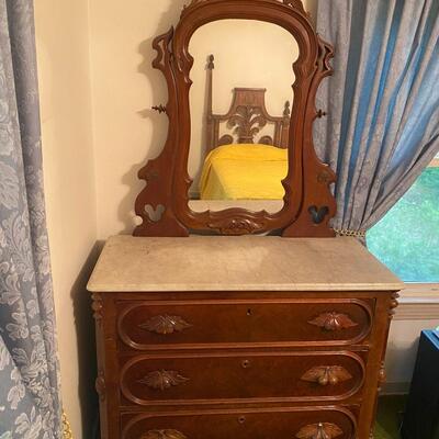 Antique Victorian style marble top, burled walnut three drawer dresser w/tilt mirror