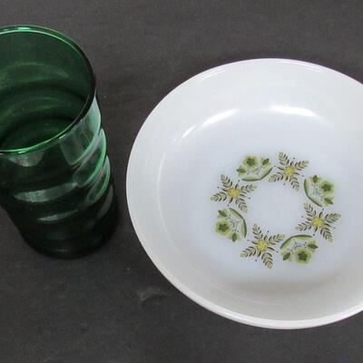 2 Forest Green Tumblers and 3 Anchor Hocking Green Meadow Cereal Bowls