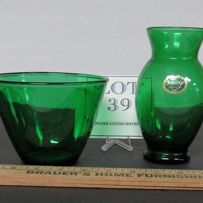 Forest Green Mixing Bowl and Vase With Original Label