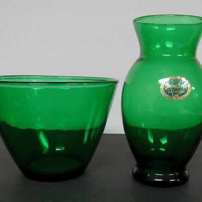 Forest Green Mixing Bowl and Vase With Original Label