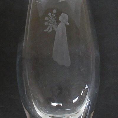 Tall Heavy Crystal Vase With Girl Cutting On Front, Marked on Bottom, Read description