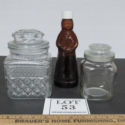 2 Vintage Apocathary Jars, Anchor Hocking Wexford, and Clear, and Mrs Butterworth's Syrup Bottle