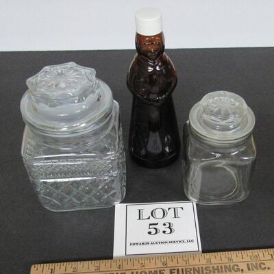 2 Vintage Apocathary Jars, Anchor Hocking Wexford, and Clear, and Mrs Butterworth's Syrup Bottle
