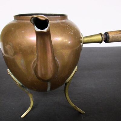 Vintage Copper Footed Pot, Brass Trim, Riveted, Wood Handle, England, No Cover