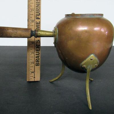 Vintage Copper Footed Pot, Brass Trim, Riveted, Wood Handle, England, No Cover