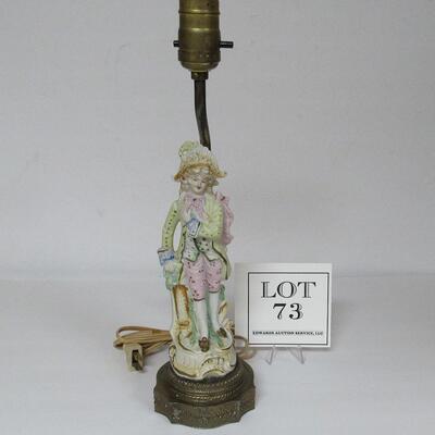 Antique Bisque Figural Lamp on Brass Base Numbered, No Country of Origin