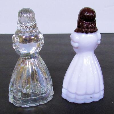 2 Boyd Glass Lady Figurines, Clear Carnival Glass and Hand Painted Pale Pink Glass