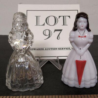 2 Boyd Glass Lady Figurines, Clear Carnival Glass and Hand Painted Pale Pink Glass