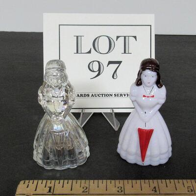 2 Boyd Glass Lady Figurines, Clear Carnival Glass and Hand Painted Pale Pink Glass