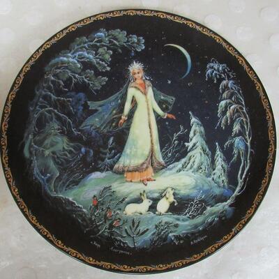 Unusual Russian Snow Maiden Plate Lady With Rabbits, Black With Gold Trim - see all photos