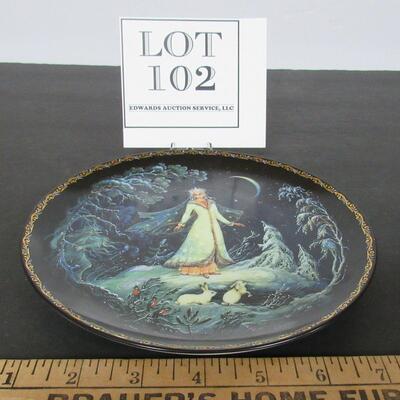 Unusual Russian Snow Maiden Plate Lady With Rabbits, Black With Gold Trim - see all photos