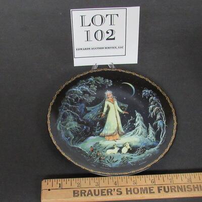 Unusual Russian Snow Maiden Plate Lady With Rabbits, Black With Gold Trim - see all photos