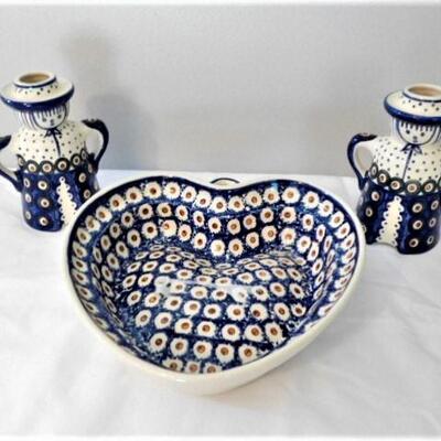 Polish Ceramic Candle Holder Set and Heart Shaped Serving Bowl