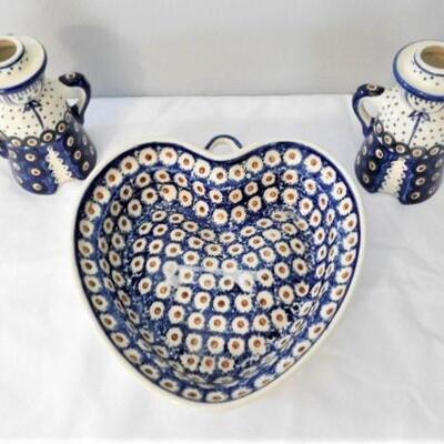 Polish Ceramic Candle Holder Set and Heart Shaped Serving Bowl