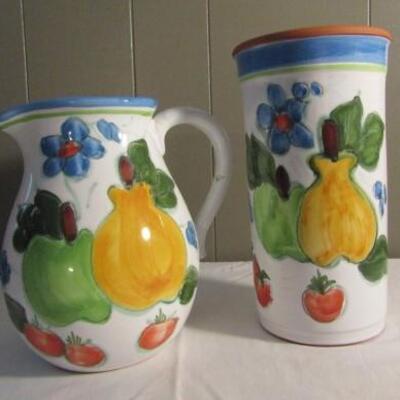 Set of Ceramic Pottery Hand Painted Pitcher and Wine Cooler