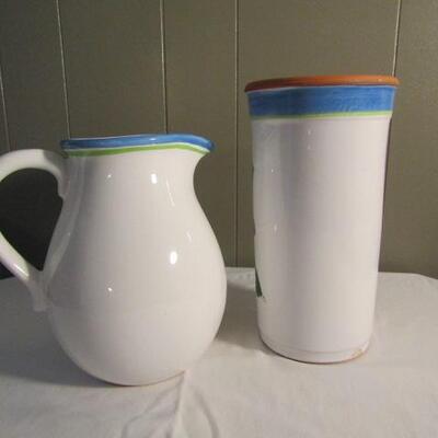 Set of Ceramic Pottery Hand Painted Pitcher and Wine Cooler