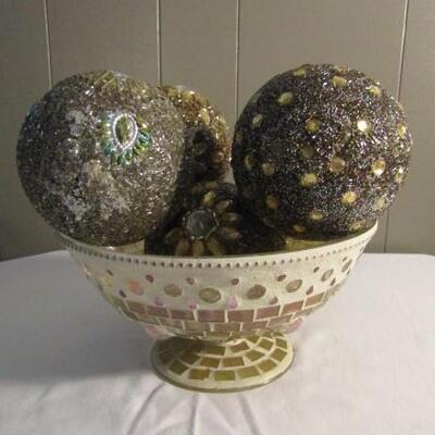 Pair of Decorative Bowls with Mosaic Tile Accents with Orbs and Potpourri 