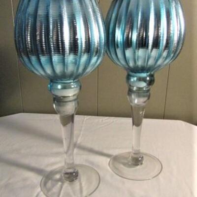 Pair of Stemmed Ribbed Glass Mirror Finish Candle Holders 12