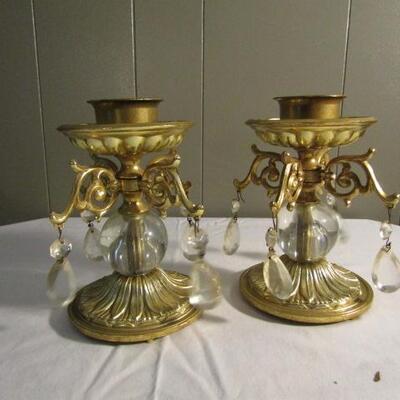 Pair of French Provincial Metal Candle Holders with Prism Accents 7