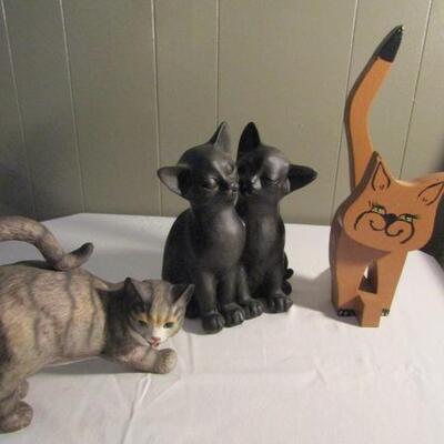 Collection of Ceramic, Resin, and Wood Kitty Cats