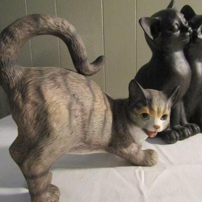 Collection of Ceramic, Resin, and Wood Kitty Cats