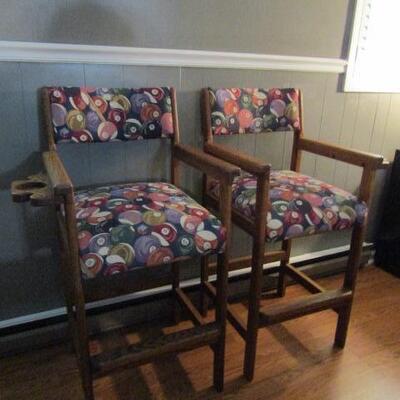 Great Pair of Pub Height Billiard Ball Upholstered Wood Frame Chairs