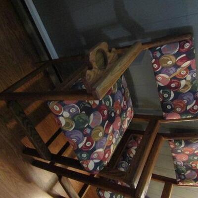 Great Pair of Pub Height Billiard Ball Upholstered Wood Frame Chairs