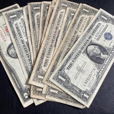 Collection of US Paper Money with 9 Silver Certificates and a $2 Bill