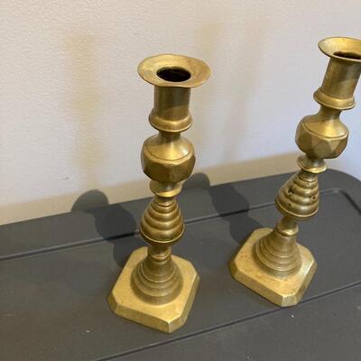 19th century Brass Beehice and Diamond Candleholders 11.5â€