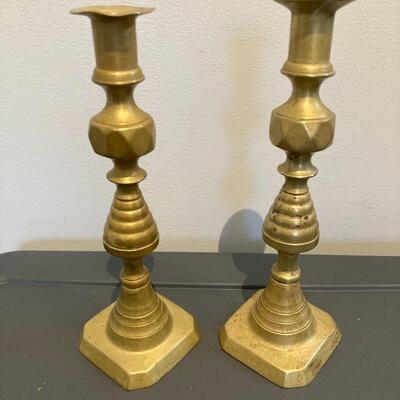 19th century Brass Beehice and Diamond Candleholders 11.5â€