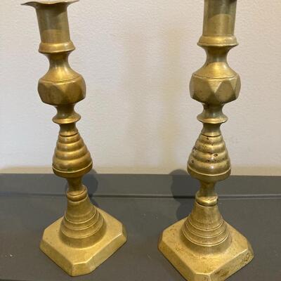 19th century Brass Beehice and Diamond Candleholders 11.5â€