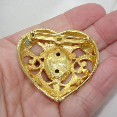 Gold Tone Oversized Filigree Heart Pin 