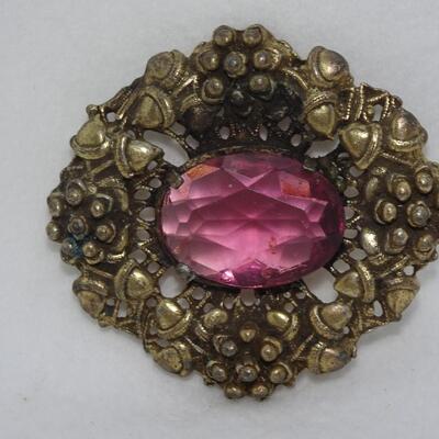 Victorian Style Brooch, Amethyst Colored Center Stone, Acorns & Flowers 