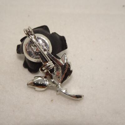 Black Rose Pin, Silver Tone 