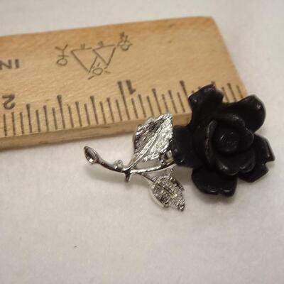 Black Rose Pin, Silver Tone 