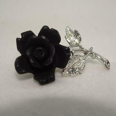 Black Rose Pin, Silver Tone 