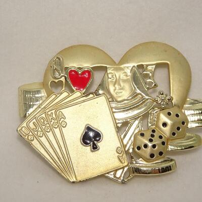 Las Vegas Themed Brooch, Queen of Hearts, Ace of Spades, Dice 