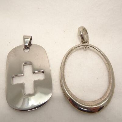2 Silver Tone Pendants, Cross & Oval Necklace Pendants 