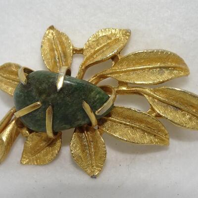 Gold Tone Mid Century Pin, Jade like Stone Brooch 