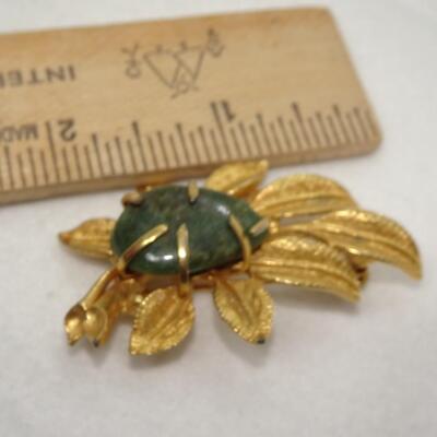 Gold Tone Mid Century Pin, Jade like Stone Brooch 