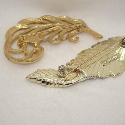 2 Gold Tone Leaf Pins, Rhinestone 