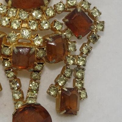 Gorgeous Rhinestone Dangle Brooch, Amber / Brownish Colored Rhinestones 