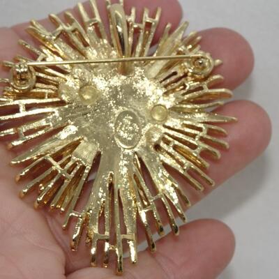 Starburst Pendant Brooch - Premier Designs - MCM Jewelry - Necklace - Gold - Rhinestone - Amber - Vintage