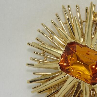 Starburst Pendant Brooch - Premier Designs - MCM Jewelry - Necklace - Gold - Rhinestone - Amber - Vintage