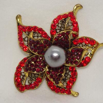 Gold Tone Red Rhinestone Pearl Center Statement Brooch 