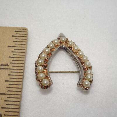 Vintage Mid Century Wish Bone Pin, Pearl Accents 