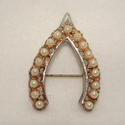 Vintage Mid Century Wish Bone Pin, Pearl Accents 